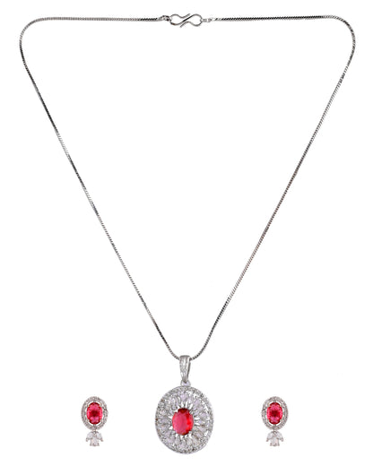 VOJ Silver Plated Oval Shaped Ruby Red Ad Chain Set