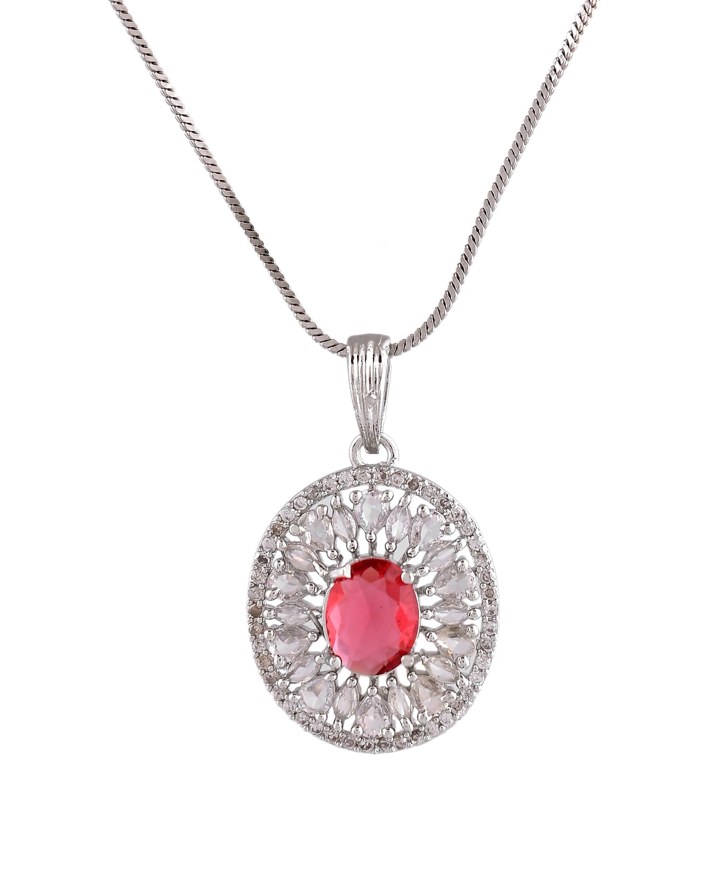VOJ Silver Plated Oval Shaped Ruby Red Ad Chain Set