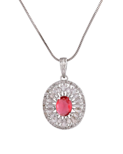 VOJ Silver Plated Oval Shaped Ruby Red Ad Chain Set