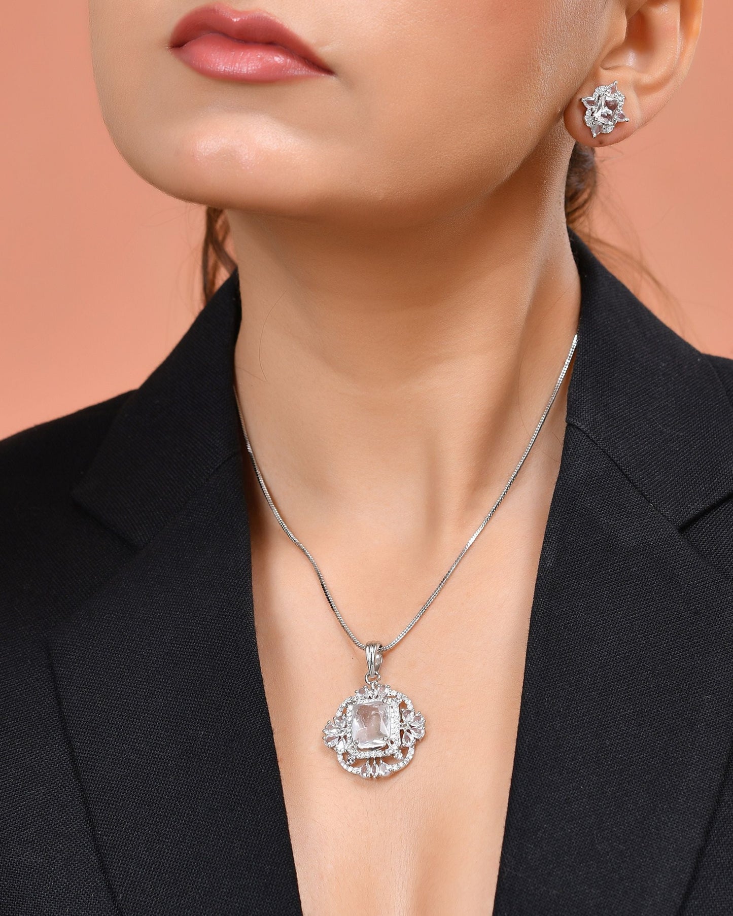 VOJ Silver Plated Rectangular Ad Stone Studded Chain Set
