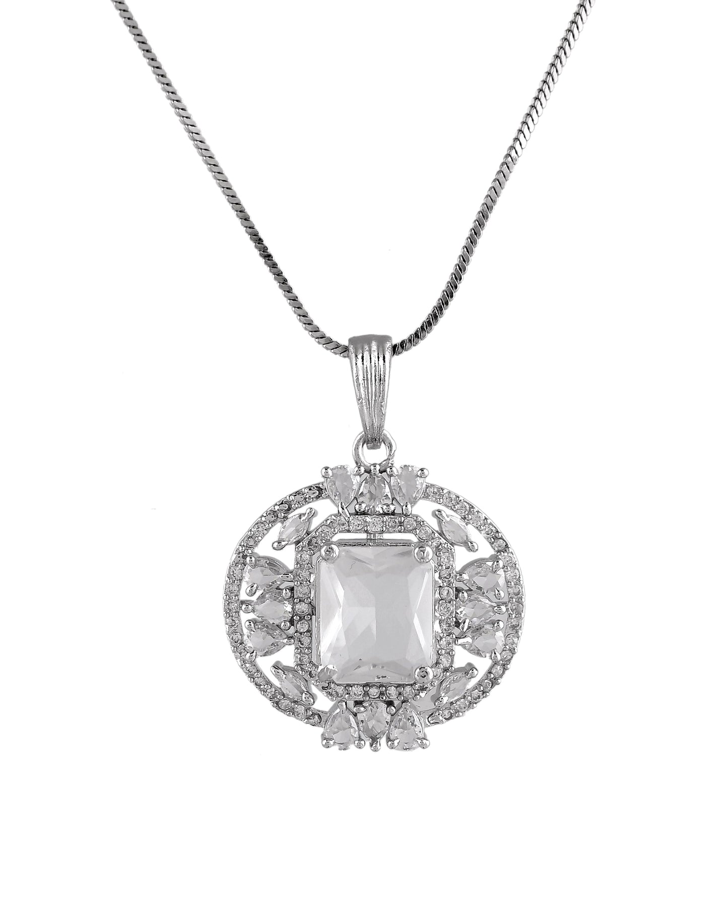 VOJ Silver Plated Rectangular Ad Stone Studded Chain Set