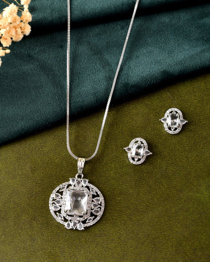 VOJ Silver Plated Rectangular Ad Stone Studded Chain Set