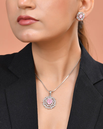 VOJ Silver Plated Baby Pink Circular Stone Studded Designer Ad Chain Set
