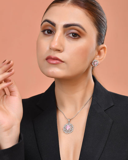 VOJ Silver Plated Baby Pink Circular Stone Studded Designer Ad Chain Set