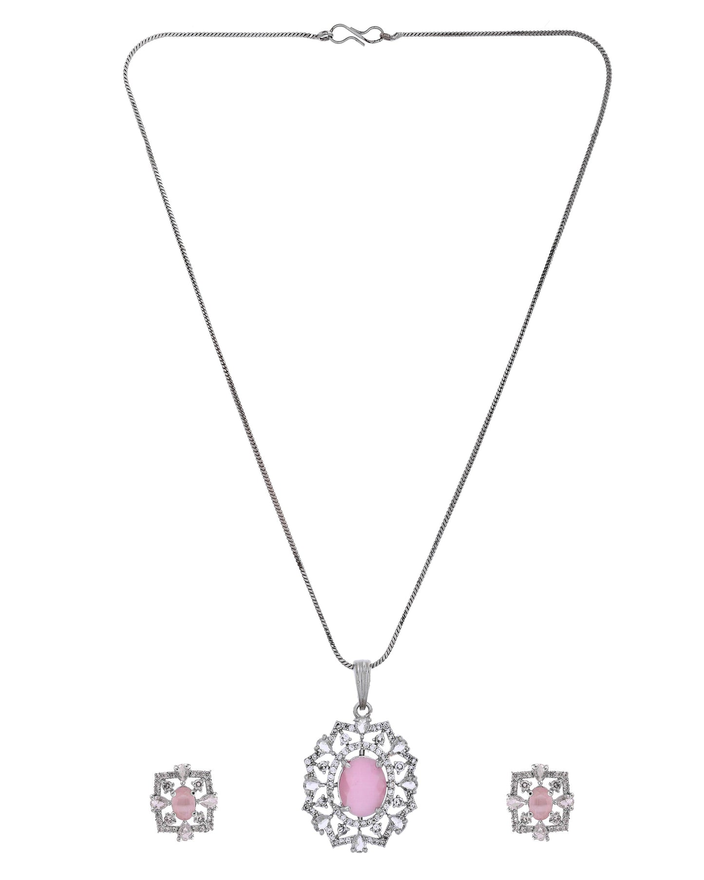VOJ Silver Plated Baby Pink Circular Stone Studded Designer Ad Chain Set