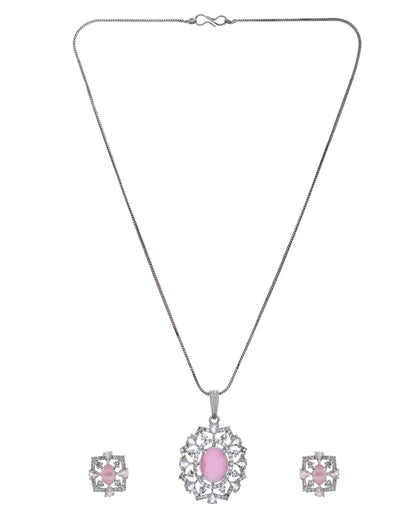 VOJ Silver Plated Baby Pink Circular Stone Studded Designer Ad Chain Set