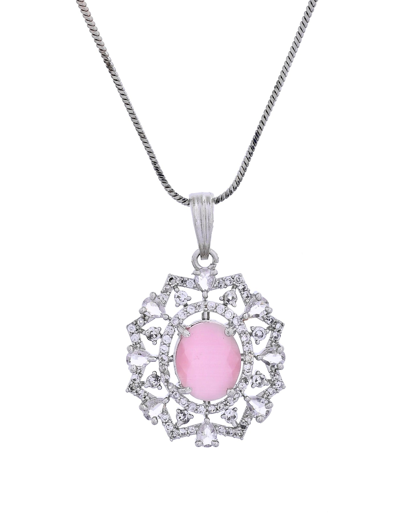 VOJ Silver Plated Baby Pink Circular Stone Studded Designer Ad Chain Set