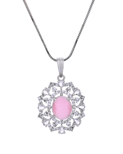 VOJ Silver Plated Baby Pink Circular Stone Studded Designer Ad Chain Set