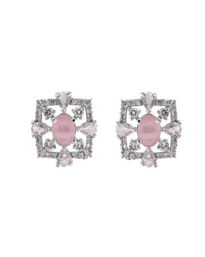 VOJ Silver Plated Baby Pink Circular Stone Studded Designer Ad Chain Set