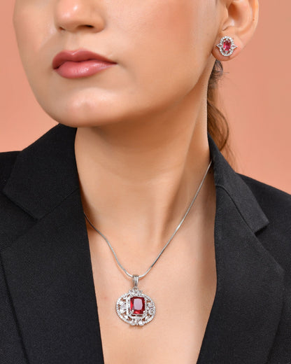 VOJ Silver Plated Ruby Red Rectangular Cz Stone Studded Chain Set