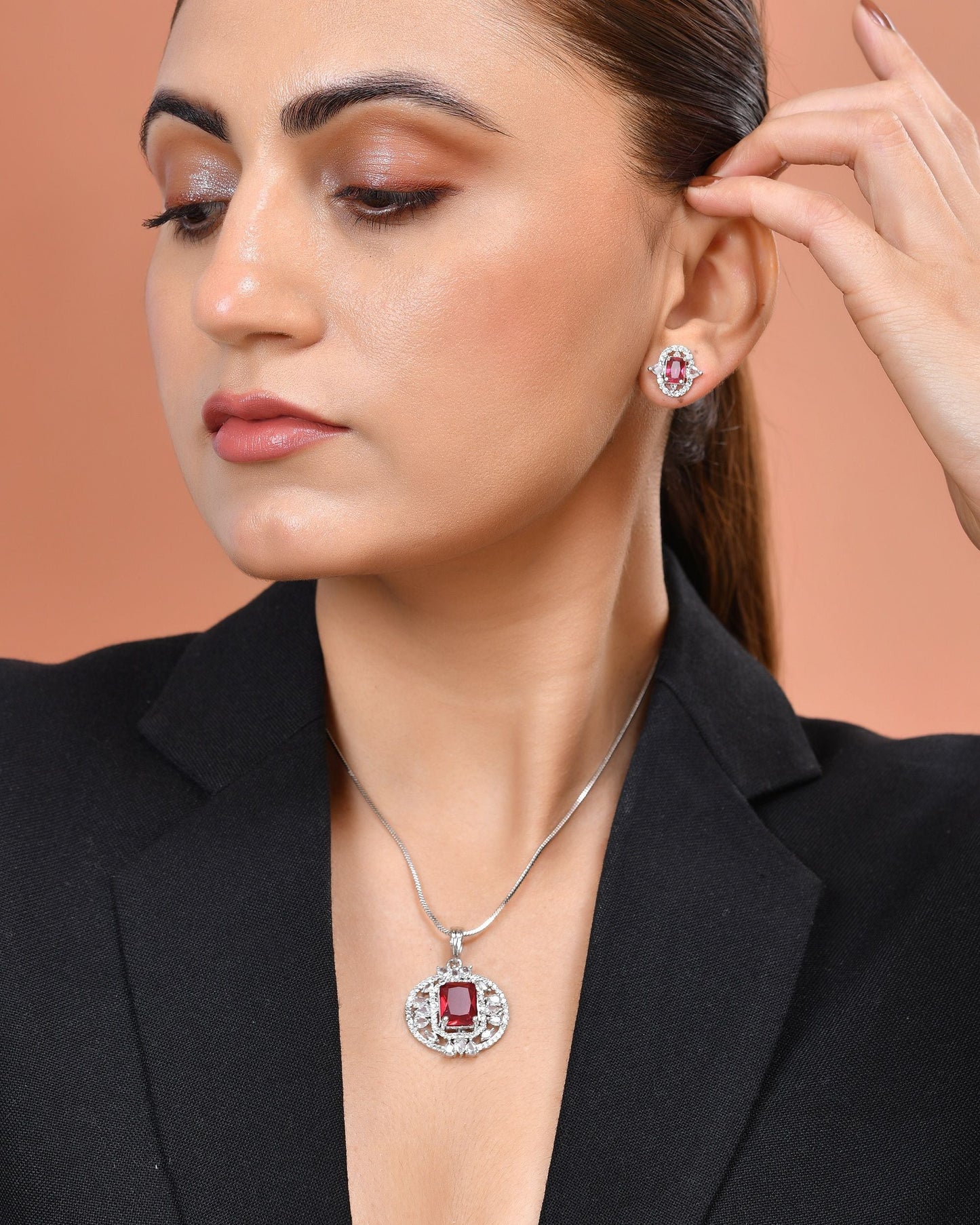 VOJ Silver Plated Ruby Red Rectangular Cz Stone Studded Chain Set