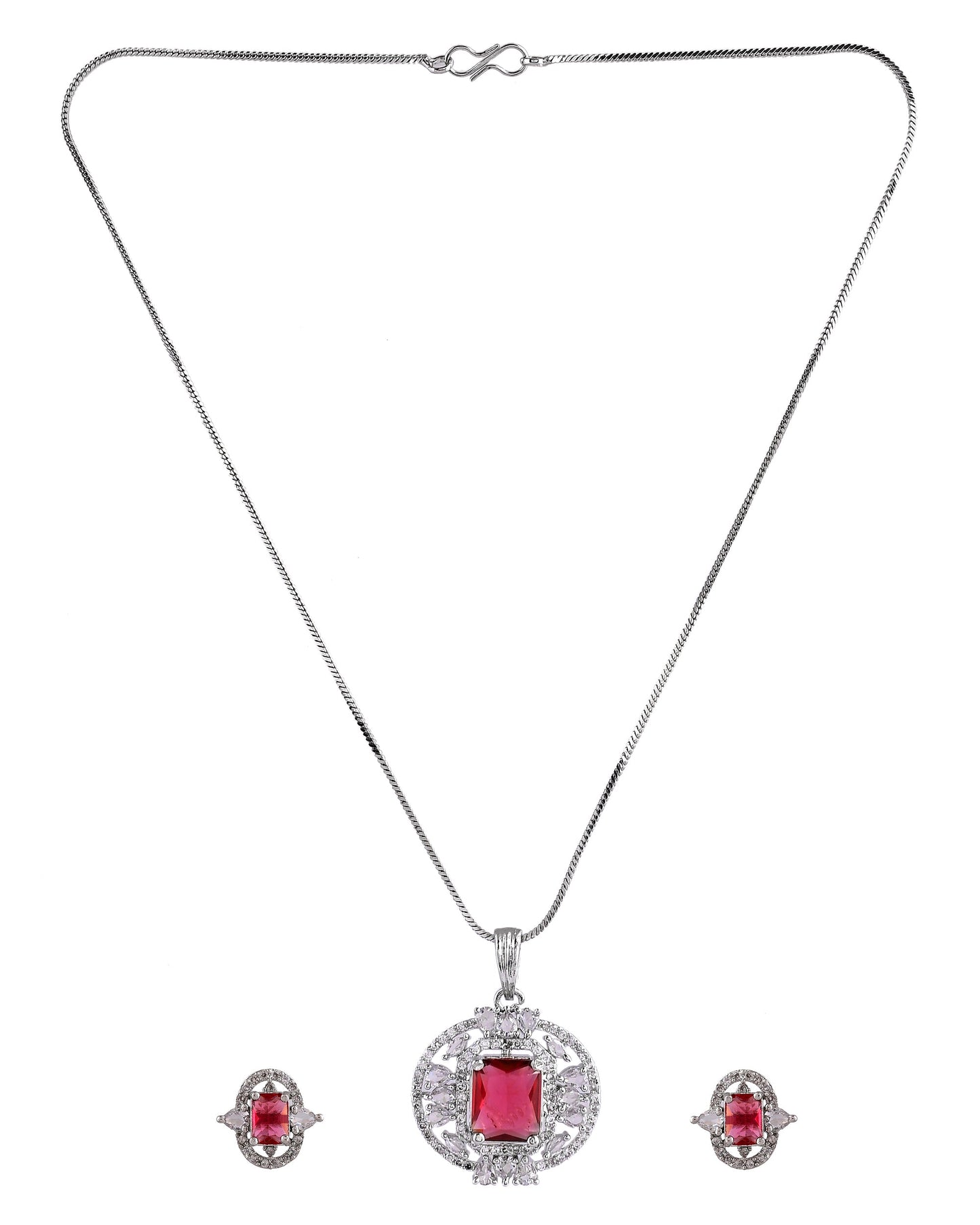 VOJ Silver Plated Ruby Red Rectangular Cz Stone Studded Chain Set