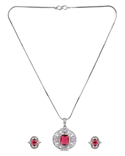 VOJ Silver Plated Ruby Red Rectangular Cz Stone Studded Chain Set