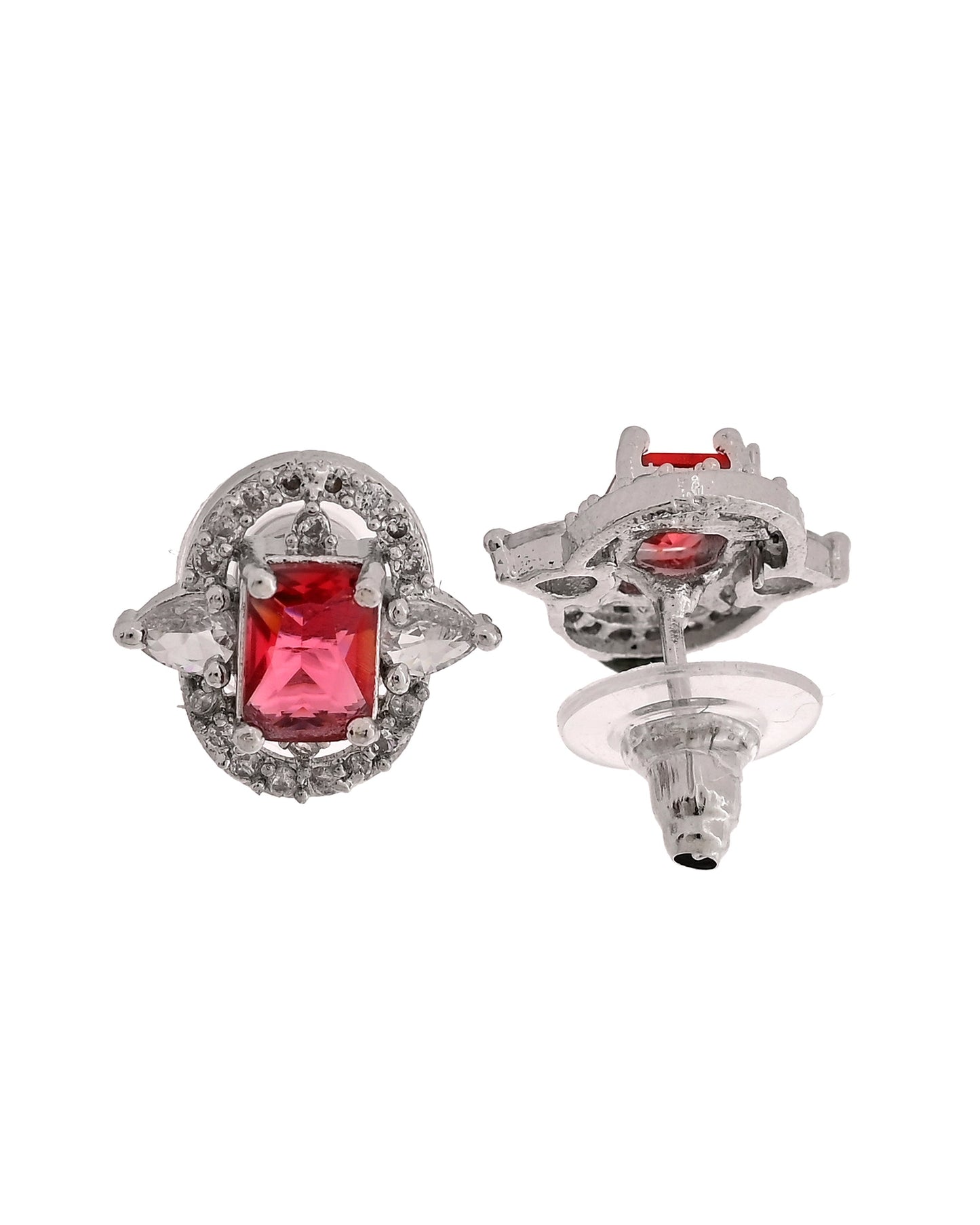 VOJ Silver Plated Ruby Red Rectangular Cz Stone Studded Chain Set