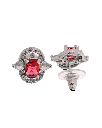 VOJ Silver Plated Ruby Red Rectangular Cz Stone Studded Chain Set