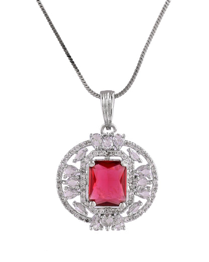 VOJ Silver Plated Ruby Red Rectangular Cz Stone Studded Chain Set