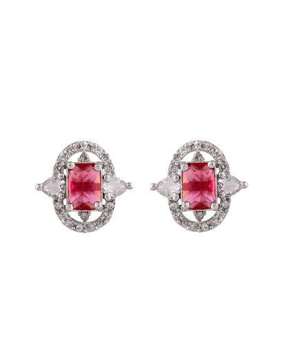 VOJ Silver Plated Ruby Red Rectangular Cz Stone Studded Chain Set