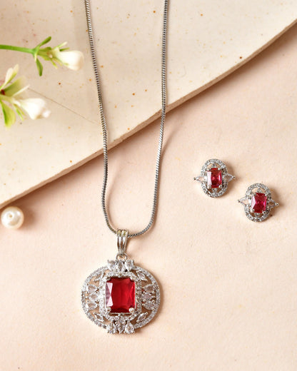 VOJ Silver Plated Ruby Red Rectangular Cz Stone Studded Chain Set