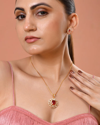 VOJ Gold Plated Ruby Red Rectangular Cz Stone Studded Chain Set
