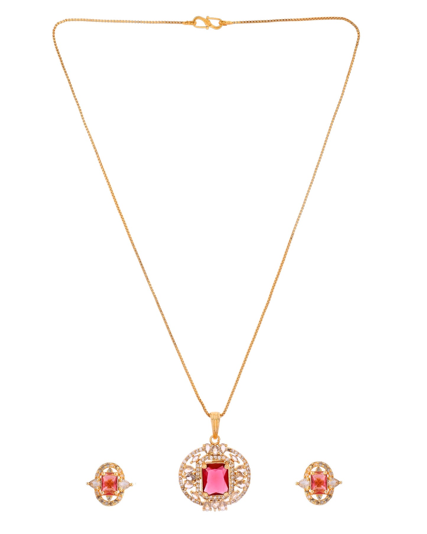 VOJ Gold Plated Ruby Red Rectangular Cz Stone Studded Chain Set