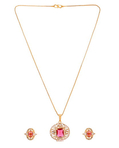 VOJ Gold Plated Ruby Red Rectangular Cz Stone Studded Chain Set
