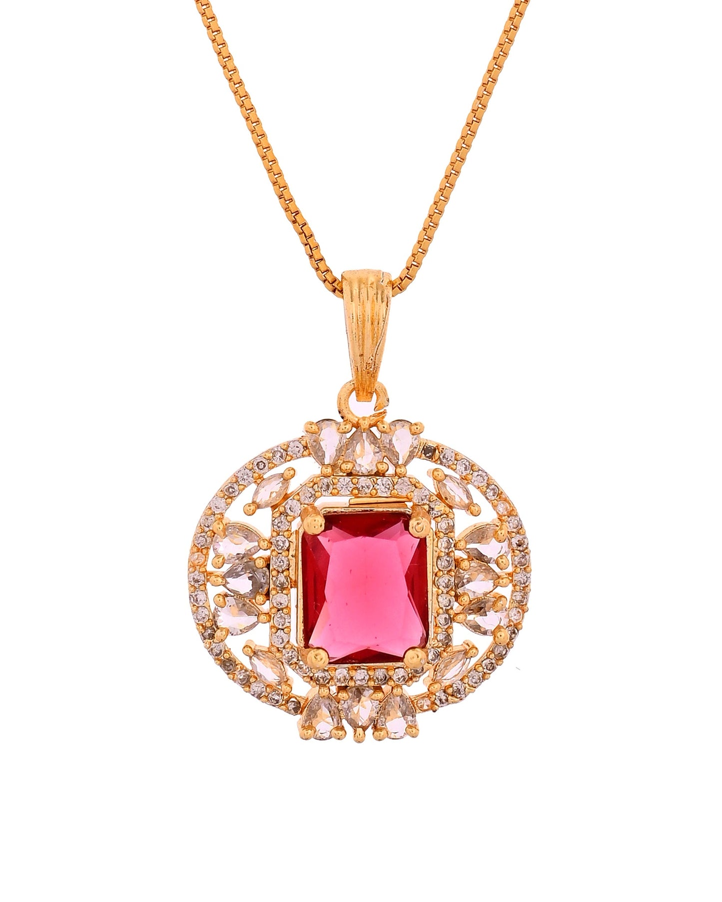 VOJ Gold Plated Ruby Red Rectangular Cz Stone Studded Chain Set
