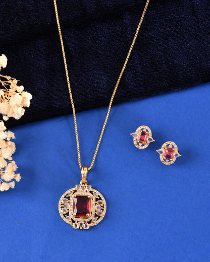 VOJ Gold Plated Ruby Red Rectangular Cz Stone Studded Chain Set