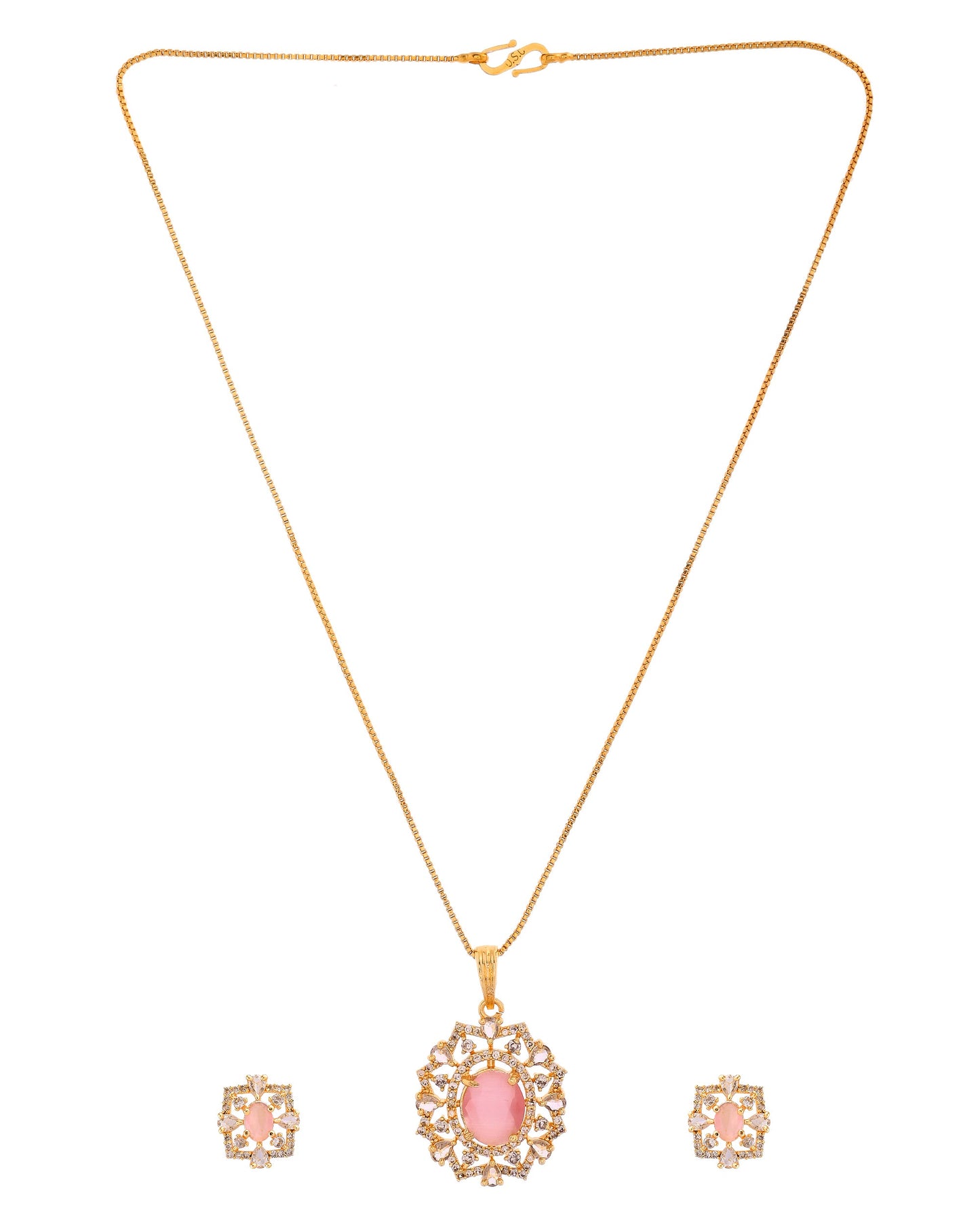 VOJ Gold Toned Baby Pink Oval Stone Studded Sun Shaped Ad Pendant With Chain Set