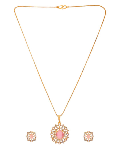 VOJ Gold Toned Baby Pink Oval Stone Studded Sun Shaped Ad Pendant With Chain Set