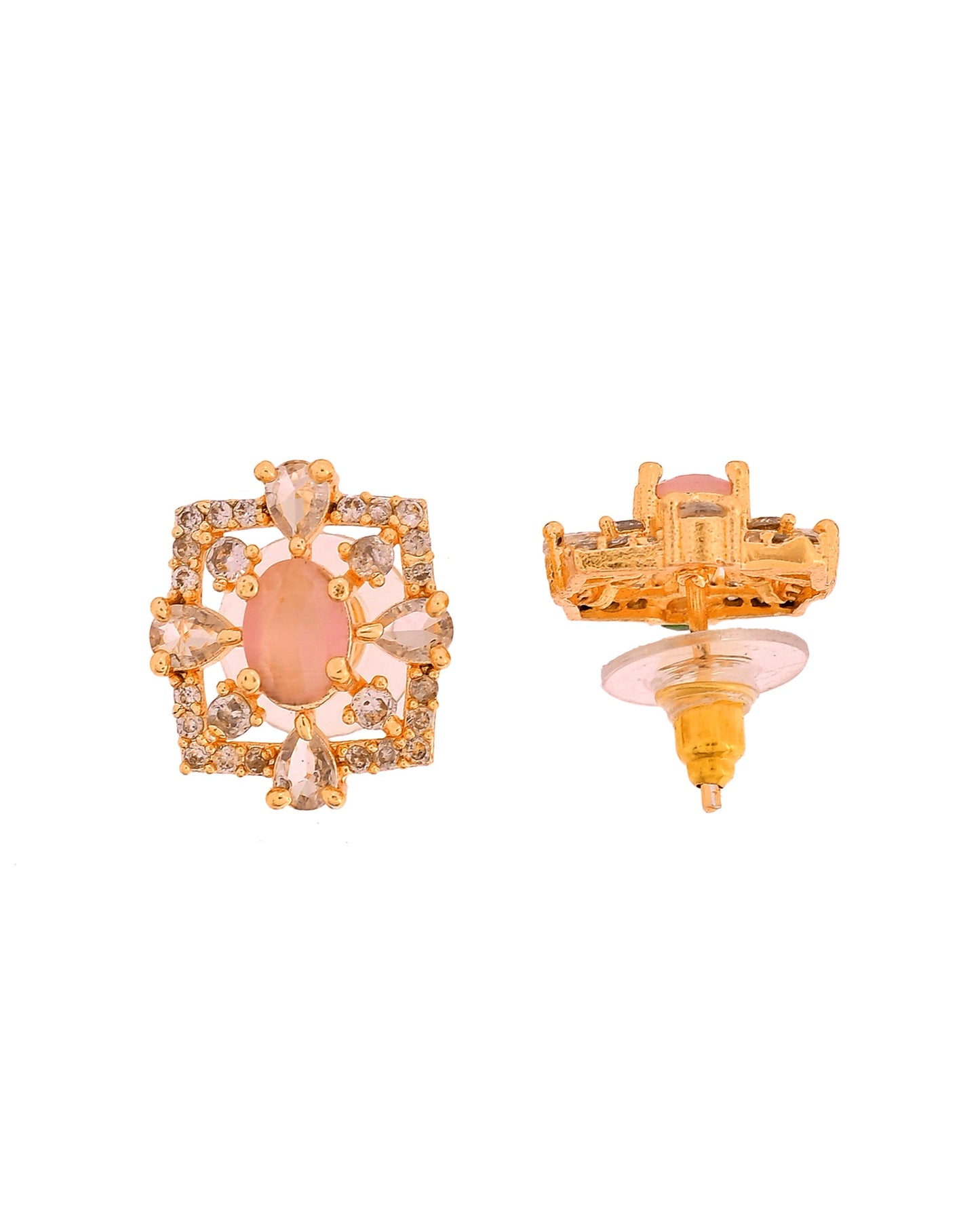 VOJ Gold Toned Baby Pink Oval Stone Studded Sun Shaped Ad Pendant With Chain Set