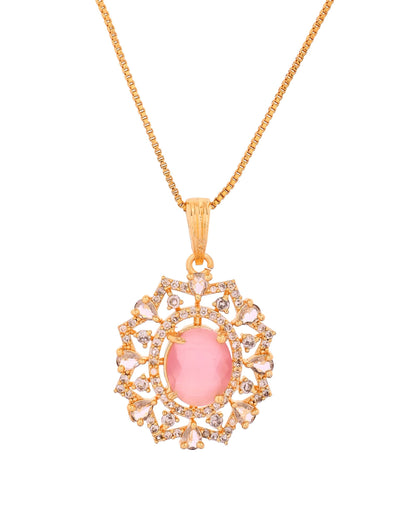 VOJ Gold Toned Baby Pink Oval Stone Studded Sun Shaped Ad Pendant With Chain Set