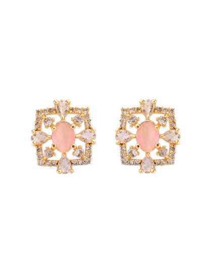 VOJ Gold Toned Baby Pink Oval Stone Studded Sun Shaped Ad Pendant With Chain Set