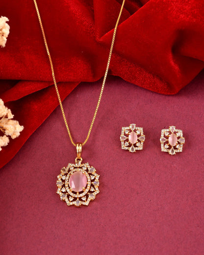 VOJ Gold Toned Baby Pink Oval Stone Studded Sun Shaped Ad Pendant With Chain Set