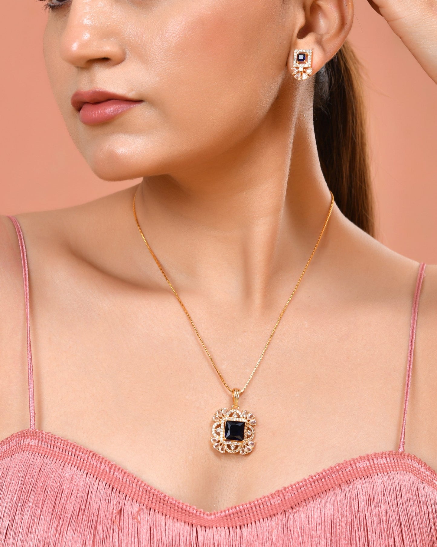 VOJ Gold Plated Blue Square Shaped Stone Studded Ad Chain Set