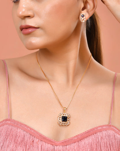 VOJ Gold Plated Blue Square Shaped Stone Studded Ad Chain Set