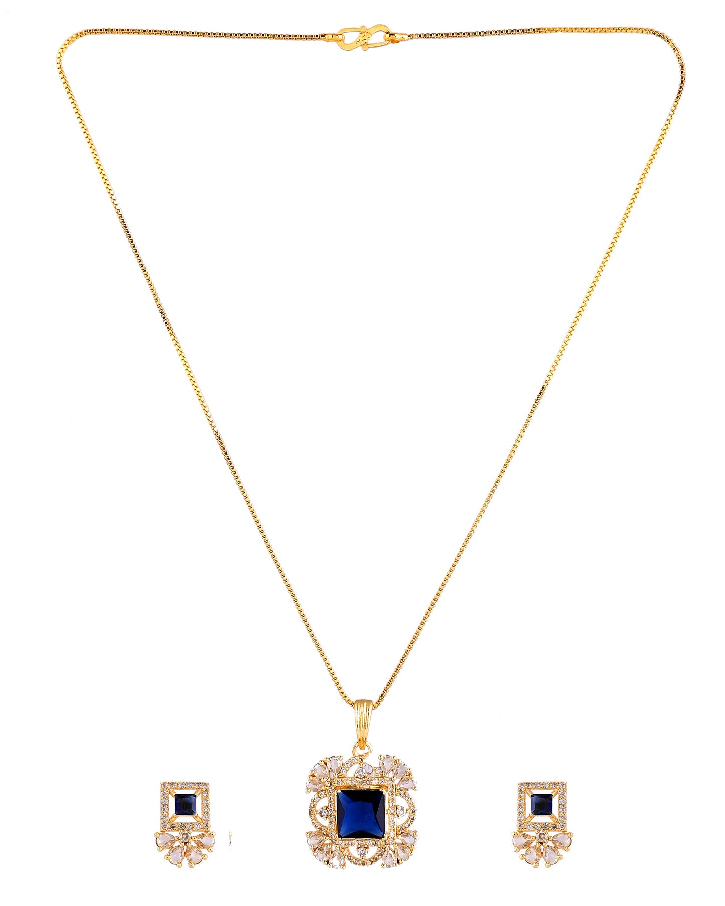 VOJ Gold Plated Blue Square Shaped Stone Studded Ad Chain Set