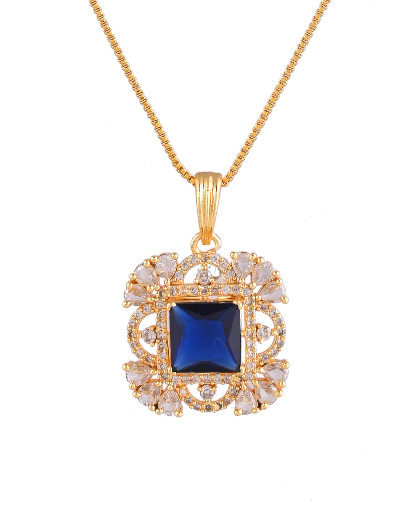 VOJ Gold Plated Blue Square Shaped Stone Studded Ad Chain Set