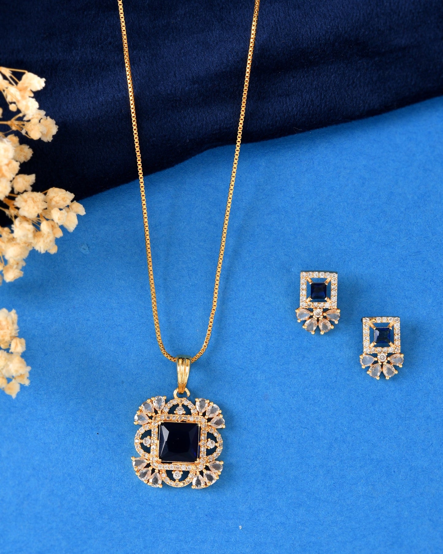 VOJ Gold Plated Blue Square Shaped Stone Studded Ad Chain Set