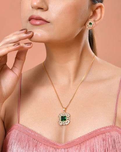 VOJ Gold Plated Green Square Shaped Stone Studded Ad Chain Set