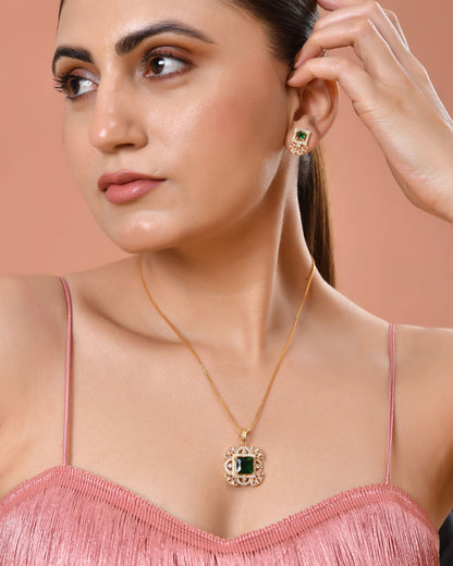 VOJ Gold Plated Green Square Shaped Stone Studded Ad Chain Set