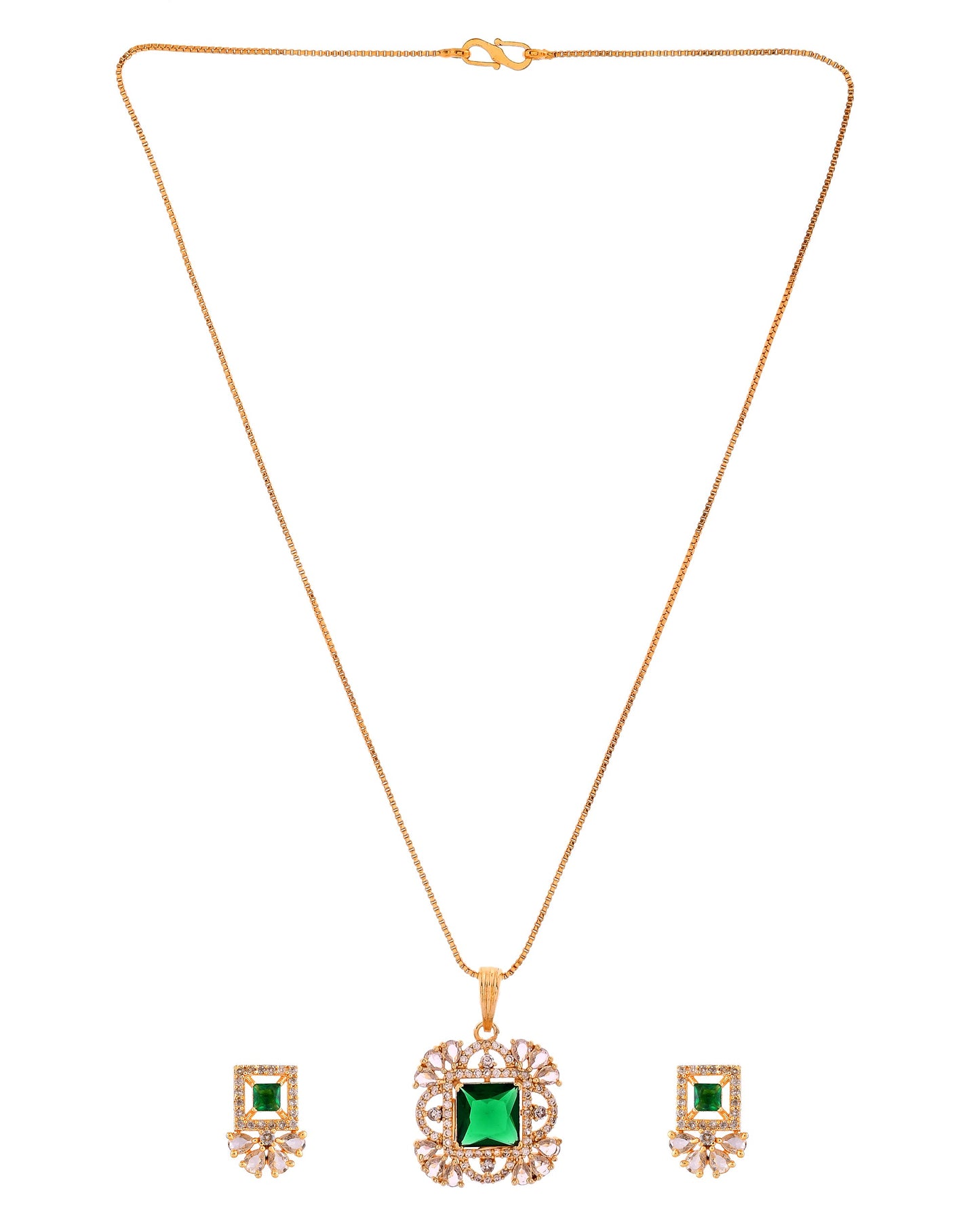 VOJ Gold Plated Green Square Shaped Stone Studded Ad Chain Set