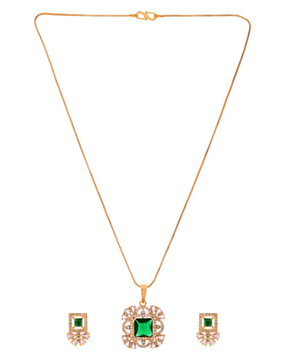 VOJ Gold Plated Green Square Shaped Stone Studded Ad Chain Set