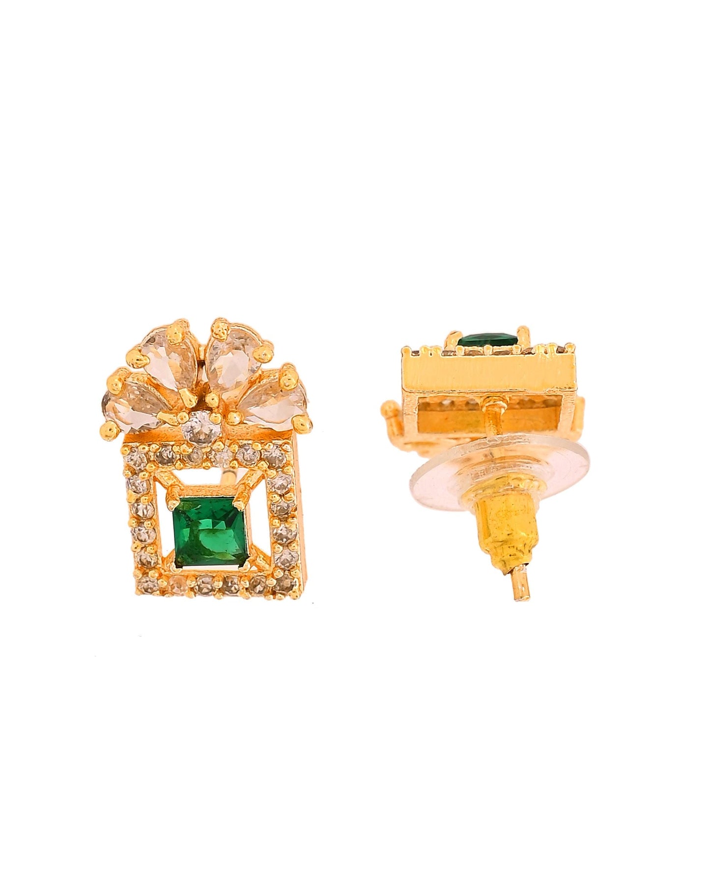 VOJ Gold Plated Green Square Shaped Stone Studded Ad Chain Set