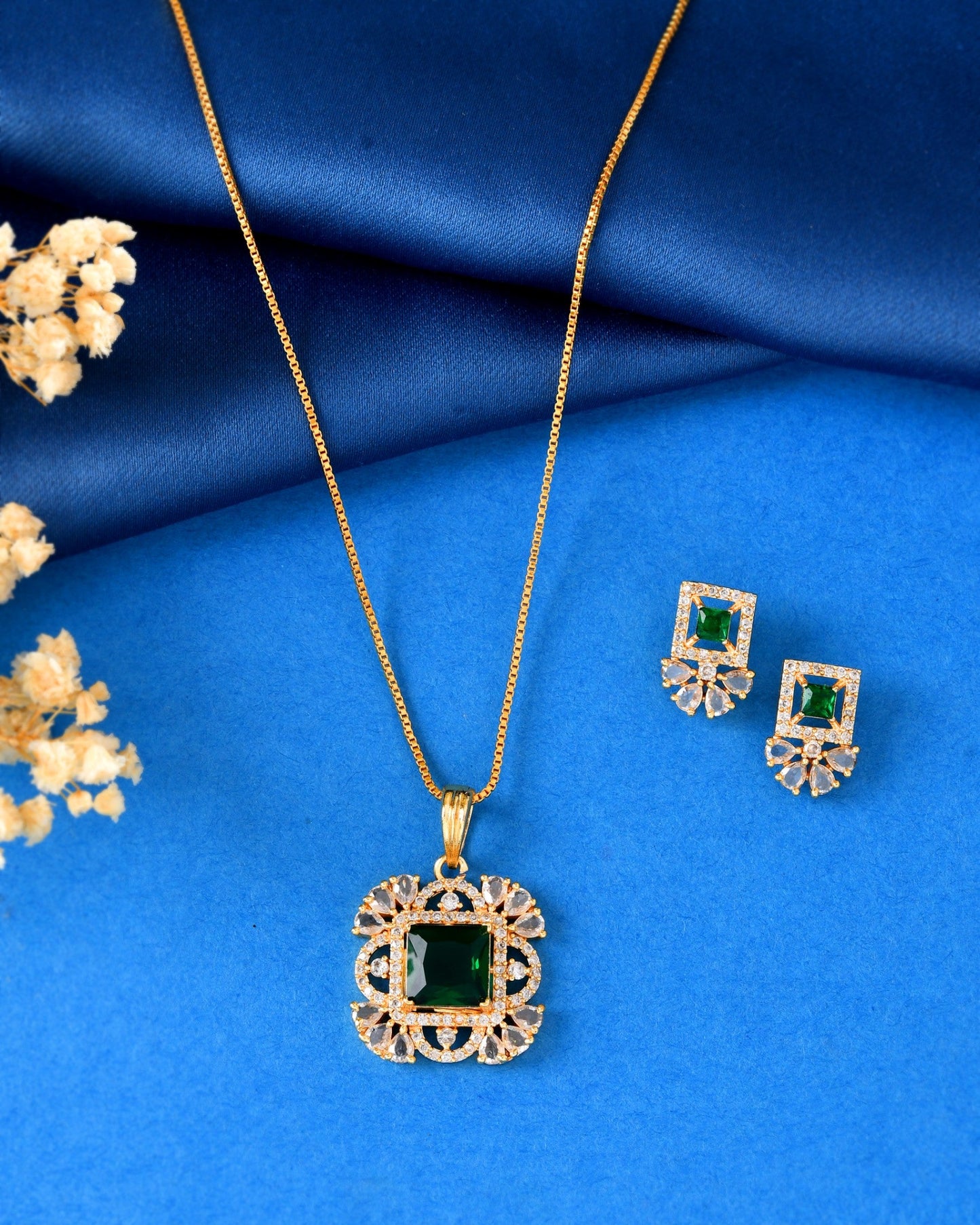 VOJ Gold Plated Green Square Shaped Stone Studded Ad Chain Set