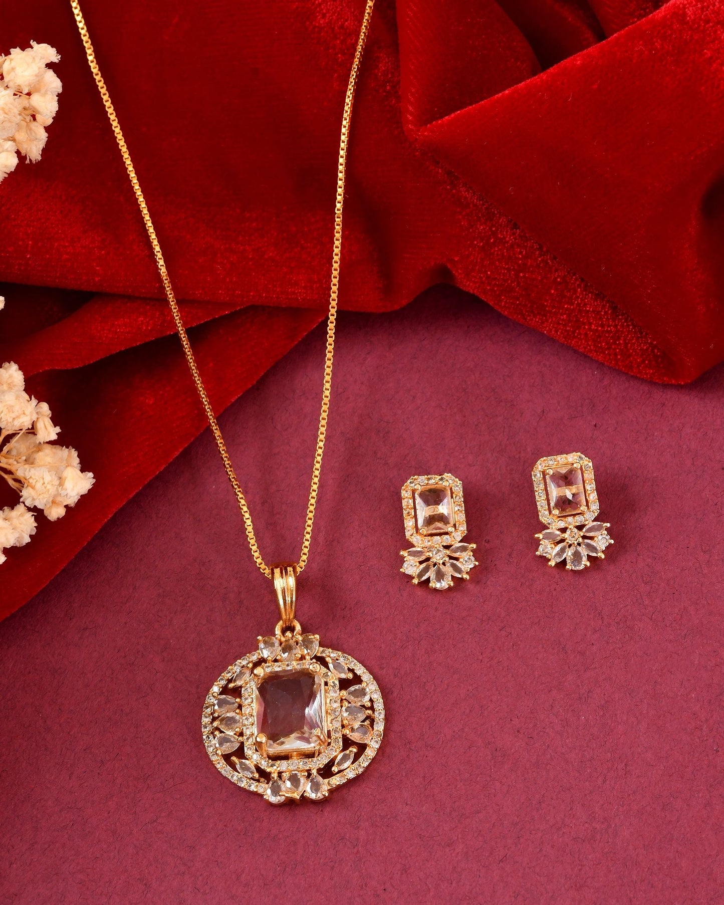 VOJ Gold Plated Rectangular Shaped Cz Stone Studded Chain Set