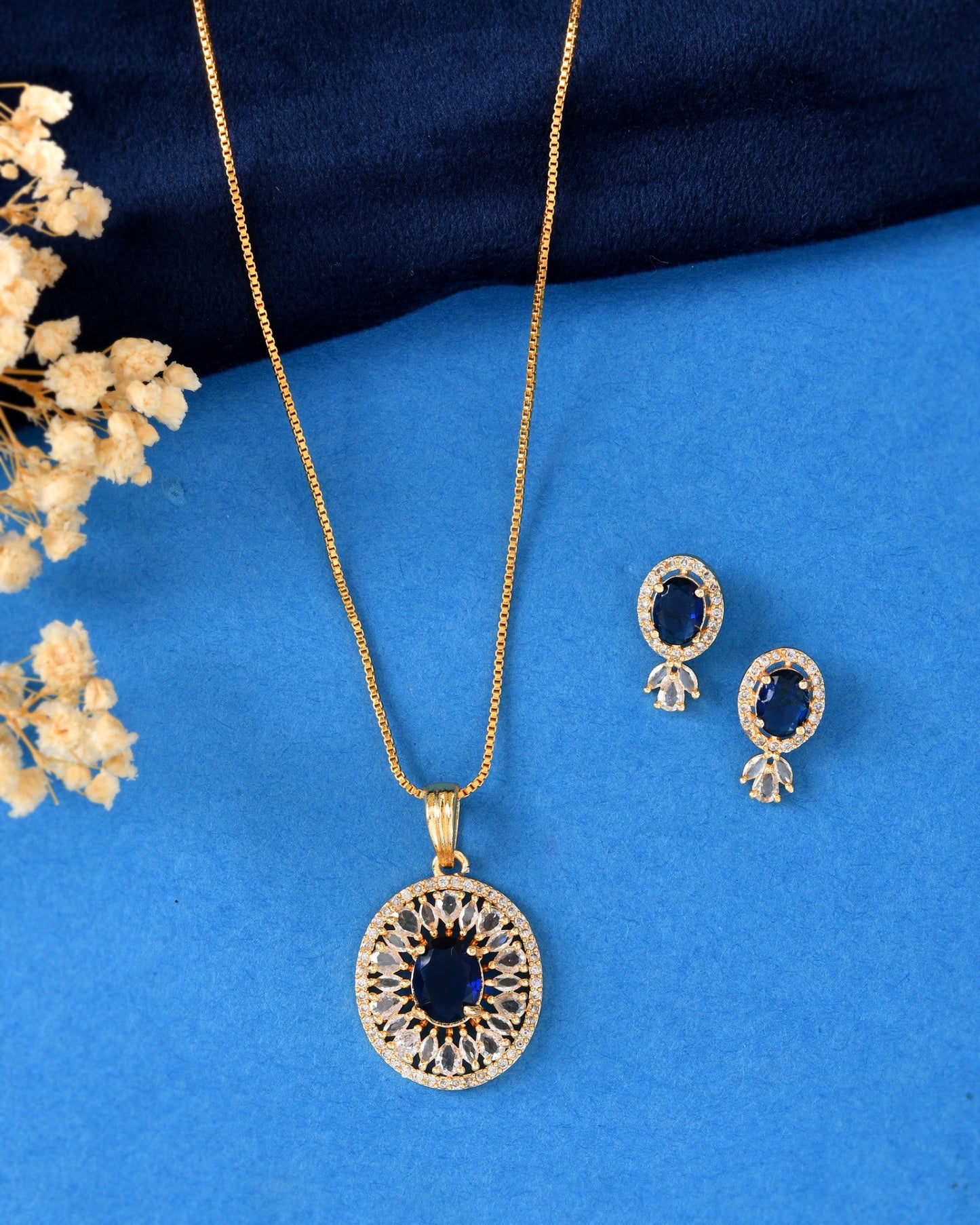 VOJ Gold Plated Blue Oval Shaped Cz Chain Set