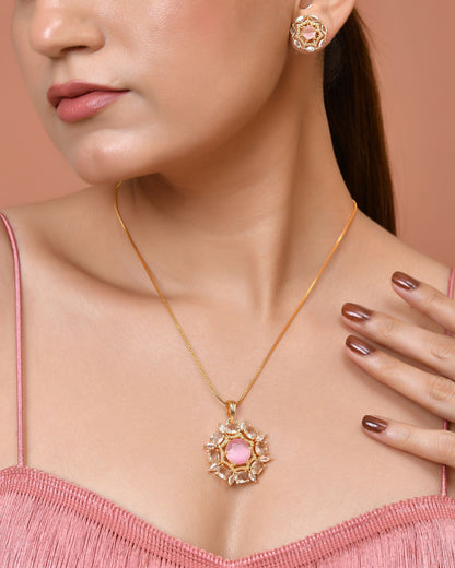 VOJ Gold Plated Baby Pink Circular Stone Studded Floral Cz Chain Set