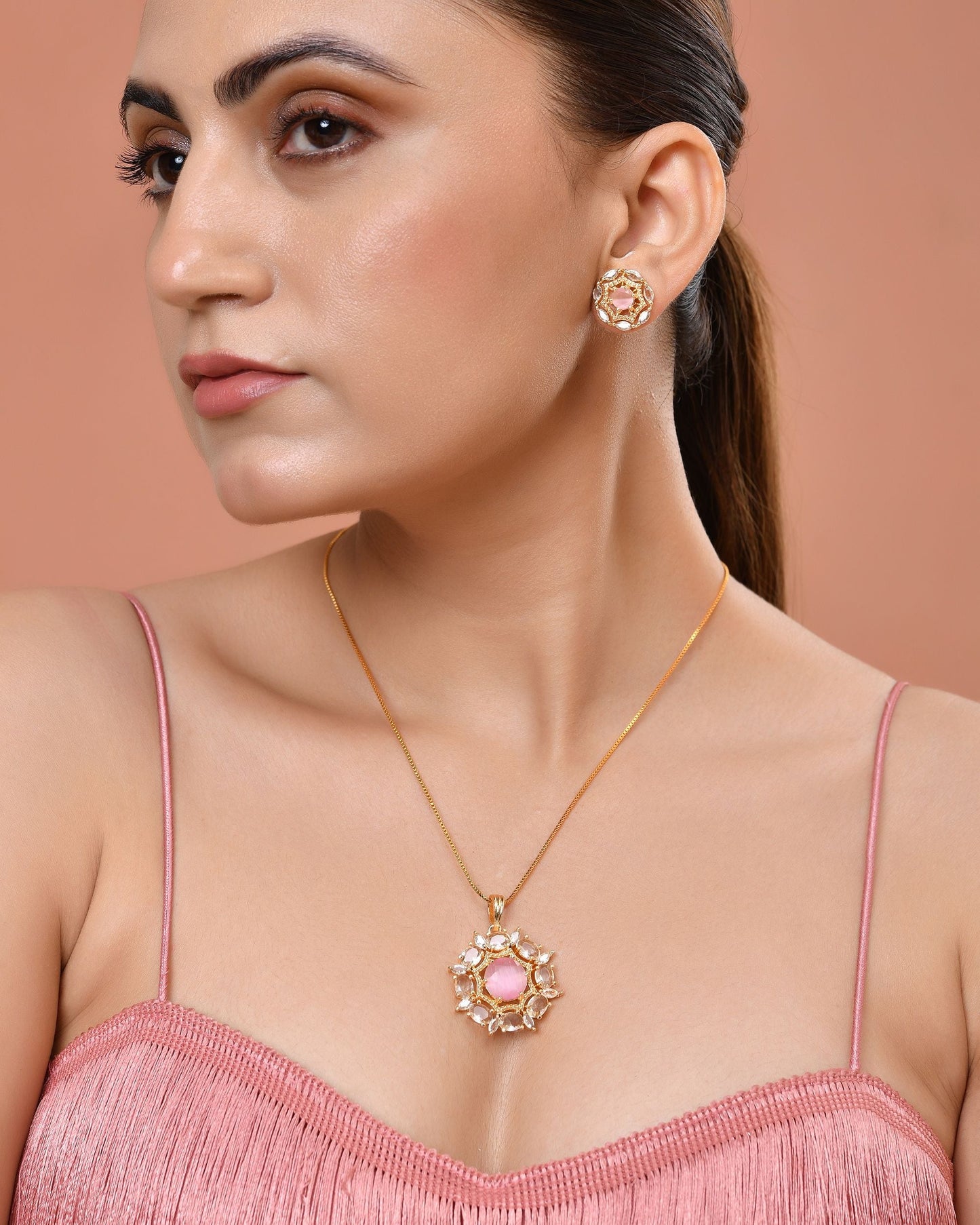 VOJ Gold Plated Baby Pink Circular Stone Studded Floral Cz Chain Set