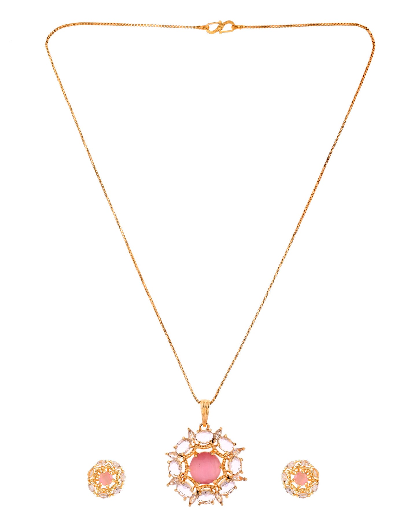 VOJ Gold Plated Baby Pink Circular Stone Studded Floral Cz Chain Set