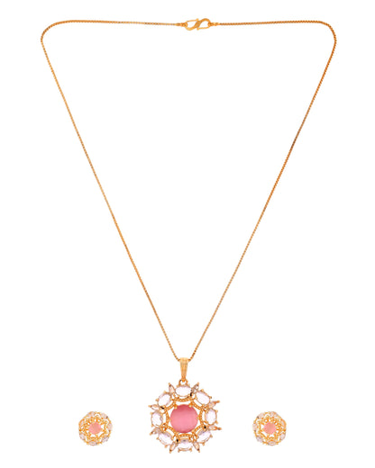VOJ Gold Plated Baby Pink Circular Stone Studded Floral Cz Chain Set